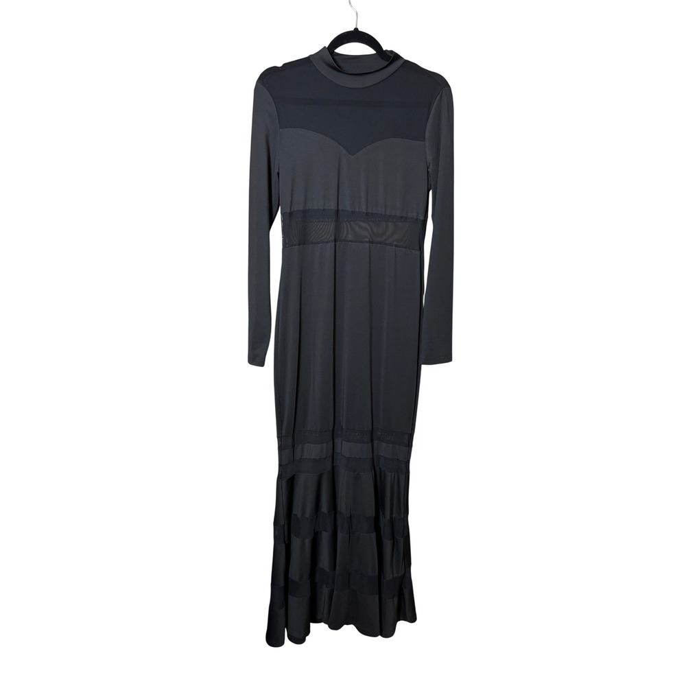 Womens Maxi Dress Size Large Black Mesh Panel‎ Long Sleeve Mermaid Goth Glam